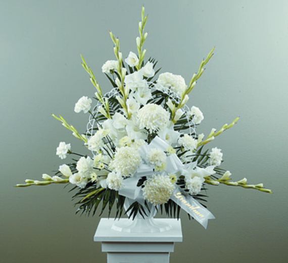 Traditional Funeral Spray with Gladiolus and Football Pompoms
